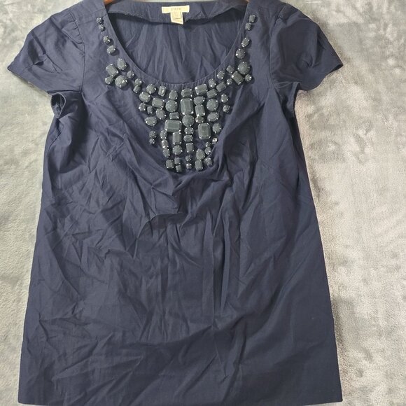 J Crew Womens Navy Jeweled Scoop Neck Tee Top 0 Embellished Cotton Style 21840 - Picture 1 of 11
